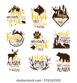 Alaska National Park Promo Signs Series Of Colorful Vector Design Templates With Wilderness Elements Silhouettes. Natural Protected Forest Park Labels In Flat Bright Illustrations With Text.