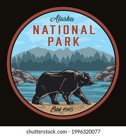 Alaska national park round colorful label with bear walking on coast of lake on forest and mountains landscape isolated vector illustration