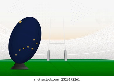 Alaska national team rugby ball on rugby stadium and goal posts, preparing for a penalty or free kick. Vector illustration.