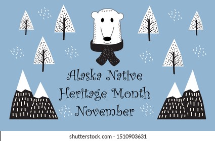 Alaska Native American Heritage Month celebrated in November in USA. Hand drawing traditional background with wigwams, white bear, mountains and trees for poster, banner, web.