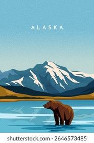 Alaska Nature Scenery Poster. Beautiful winter landscape of Alaska with snow capped cliffs, mountains and bear walking on frozen lake. Tourism and travel destination. Cartoon Flat vector illustration