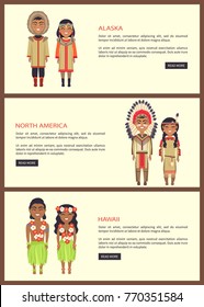 Alaska and north america, hawaii set of web pages consisting of images, text and title sample and button read more vector illustration
