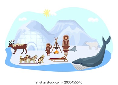 Alaska north ethnic concept, vector illustration. Arctic nature with polar bear, inuit people character in siberian clothes. Fur seal at ice