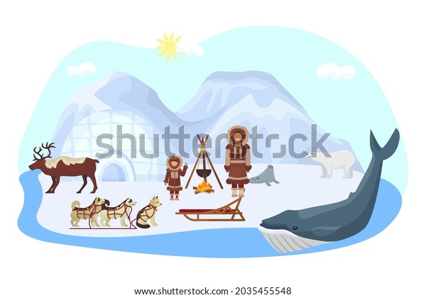 Alaska north ethnic concept, vector illustration.\
Arctic nature with polar bear, inuit people character in siberian\
clothes. Fur seal at\
ice