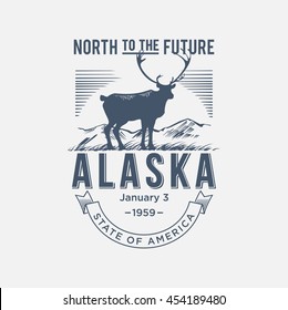 Alaska North to the Future, a stylized emblem of the state of America, Deer, blue color