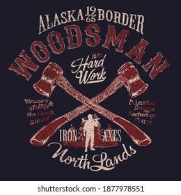 Alaska outdoor woodsman lumberjack axes vector artwork for boy t shirt grunge effect in separate layers