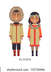 Alaska people wearing warm clothes, hood and coats with fur, couple standing and smiling on vector illustration isolated on white background