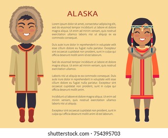 Alaska people wearing warm clothes, hood and coats with fur, couple standing and smiling on vector international day poster with text, native aborigines