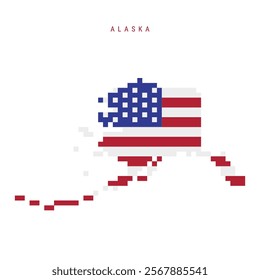 Alaska pixel flag map icon. 8 bit pixel art map covered with american flag. Flat vector illustration isolated on white background.