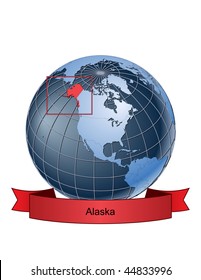 Alaska, position on the globe Vector version with separate layers for globe, grid, land, borders, state, frame; fully editable