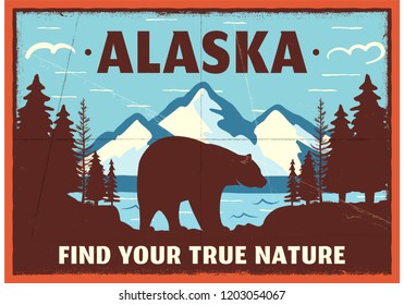 Alaska poster design. Mountain adventure patch. American travel logo. Cute retro style label, brochure. Find your true nature custom quote. Bear walking through the forest. Stock vector emblem.