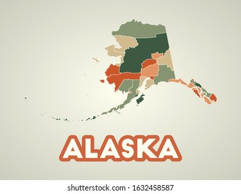 Alaska poster in retro style. Map of the us state with regions in autumn color palette. Shape of Alaska with us state name. Elegant vector illustration.