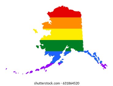 Alaska pride gay vector map with rainbow flag colors. United States of America. Gay flag over Alaska state map. Rainbow flag. 