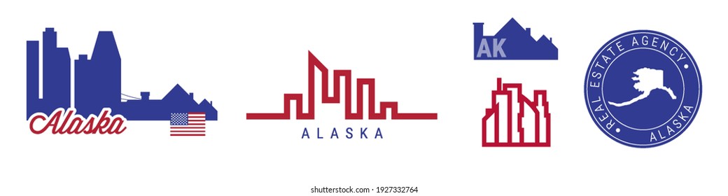 Immobilienagentur Alaska. US-Wahrzeichen-Symbol-Set. Flache Vektorgrafik. Amerikanische Flaggen. Große Stadt und Vororte. Einfache Silhouettenkarte in der Rundsiegelmarke.