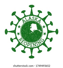 Alaska Reopening Stamp. Green round badge of us state with map of Alaska. Us state opening after lockdown. Vector illustration.