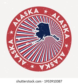 Alaska round stamp. Logo of us state with state flag. Vintage badge with circular text and stars, vector illustration.