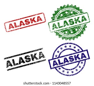 ALASKA seal prints with corroded style. Black, green,red,blue vector rubber prints of ALASKA tag with corroded style. Rubber seals with circle, rectangle, medal shapes.