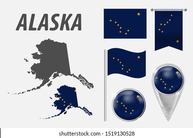 ALASKA. Set of national infographics elements with various flags, detailed maps, pointer, button and different shapes badges. Patriotic 3d symbols for Sport, Patriotic, Travel, Design, Template.