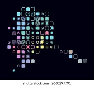 Alasca, forma da construção estadual de células coloridas. Mapa de estilo digital do Alasca em fundo escuro. Blocos quadrados arredondados de tamanho grande. Ilustração vetorial moderna.