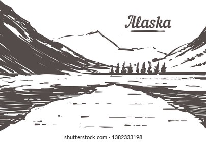 Alaska skyline  drawn sketch. Alaska vector illustration  isolated on white background.