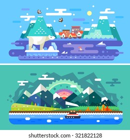 Alaska skylines: winter nature, polar bear, ship, Pacific Ocean, mountains, sea, snow, north. 2 Sets of vector  flat colorful illustrations.