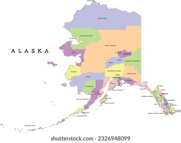 Alaska state administrative map with boroughs and census areas with seats. Clored. Vectored. Yellow, green, blue, pink, violet