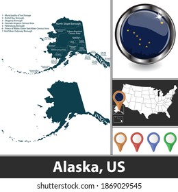 Alaska state with counties and location on American map. Vector image