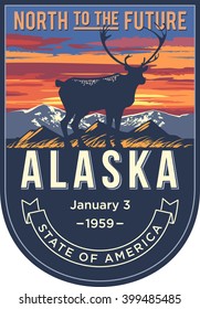 Alaska state emblem, sunset on a blue background