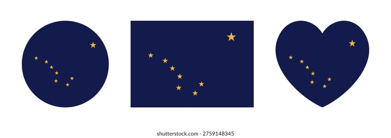 Alaska state flag icon, sticker, badge. Alaska State heart shaped, circle, rectangle flag button, background. Set of rectangular, round, heart flag of Alaska banners.