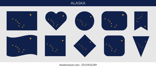 Alaska state flag set. American state flag of different shapes. Vector illustration isolated on white background