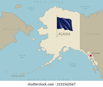 Alaska state highly detailed map with waving flag. Editable map of USA Federal State with territory borders, neighboring countries, and labelings vector illustration