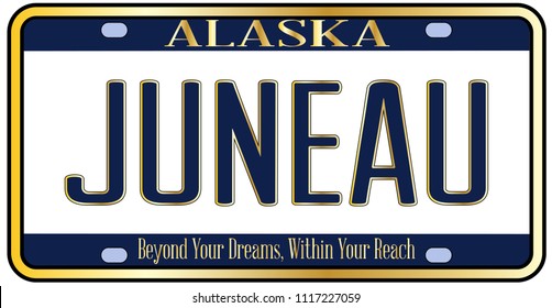 Alaska state license plate in the colors of the state flag with the text Juneau the state capital over a white background