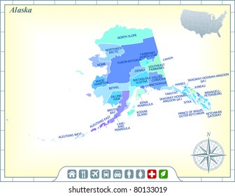 Alaska State Map with Community Assistance and Activates Icons Original Illustration