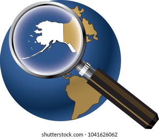 Alaska State Map Enlarged on Globe with Magnifying Glass