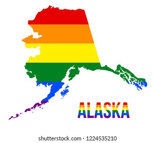 Alaska State Map in LGBT Rainbow Flag Comprised Six Stripes With Alaska LGBT Text. The Flag Comprised Six Stripes; Meaning to Each of The Colors: Life, Healing, Sunlight, Nature, Serenity and Spirit.