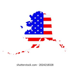 Alaska Zustandskarte Vektorgrafik Silhouette Illustration. Die Vereinigten Staaten von Amerika Flagge über Alaska Karte. USA, amerikanisches Nationalsymbol für Stolz und Patriotismus. Wahlkampfbanner.