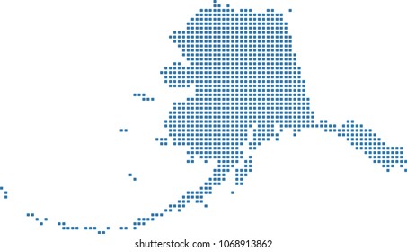 Alaska state of USA map dots vector outline illustration in blue background. Dotted map of Alaska state of United States of America. Creative pixel art map with highly detailed border 