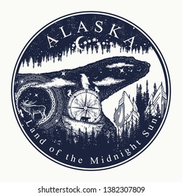 Alaska. Tattoo and t-shirt design. Welcome to state of Alaska (USA).  Land of the Midnight Sun slogan. Travel concept 