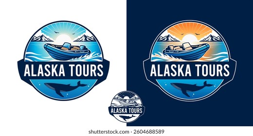 Alaska tours emblem logo. Featuring a boat, mountain, a whale and sunset.