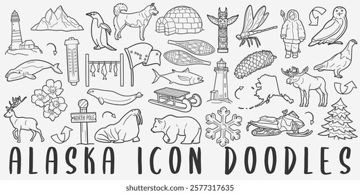 Alaska Travel Doodle Icons. Hand Drawn Made Line Art. Alaskan Theme Clipart Symbol Design.