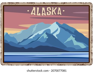 Alaska travel retro poster design. Traveling in the mountains, climbing. United States of America greeting card.Vintage flyer design. Stock vector illustration isolated on white background.