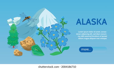 Alaska travel sightseeing tours online isometric webpage banner with sea ice mountain icecap sitka spruce vector illustration