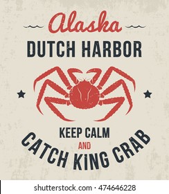 Alaska t-shirt design, print, typography, label with king crab. Vector illustration.