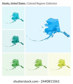 Alaska, United States. Map collection. State shape. Colored counties. Light Blue, Cyan, Teal, Green, Light Green, Lime color palettes. Border of Alaska with counties. Vector illustration.