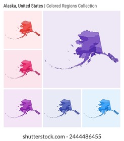 Alaska, United States. Map collection. State shape. Colored counties. Deep Purple, Red, Pink, Purple, Indigo, Blue color palettes. Border of Alaska with counties. Vector illustration.