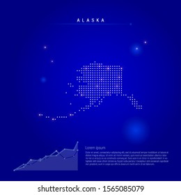 Alaska US state illuminated map with glowing dots. Infographics elements. Dark blue space background. Vector illustration. Growing chart, lorem ipsum text.