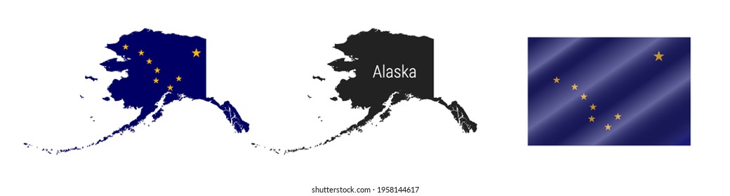 Alaska US state map with masked flag. Detailed silhouette. Waving flag. Vector illustration isolated on white.