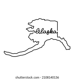 Alaska US state outline map with the handwritten state name. Continuous line drawing of patriotic home sign. A love for a small homeland. T-shirt print idea. Vector illustration.