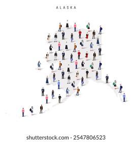 Alaska US state population map. Large group of realistic a diverse crowd of people figures. Flat vector illustration isolated on white.