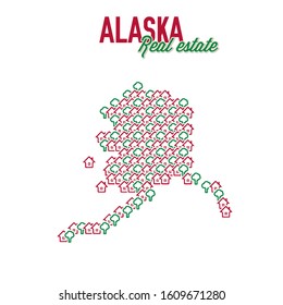 Alaska US state realty creative concept. Icons of houses with gardens in the shape of a map of Alaska. Vector illustration.